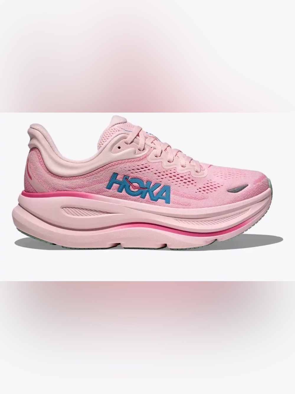 Hoka Bondi 9s Women's Pearl/Pink Sneakers with Blue Logo Size 7.5D/8.5W New